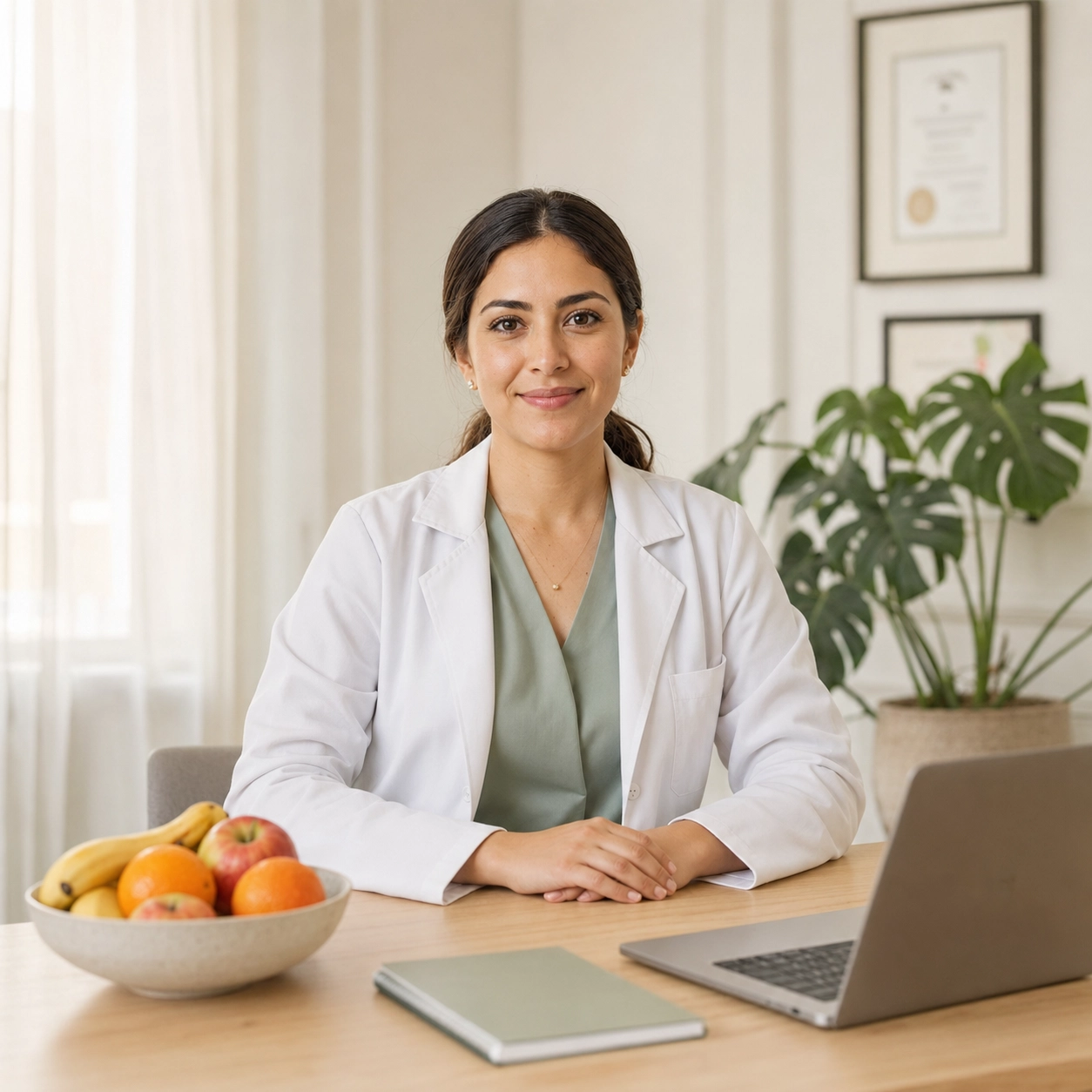 Nutrióloga sonriendo en su consultorio