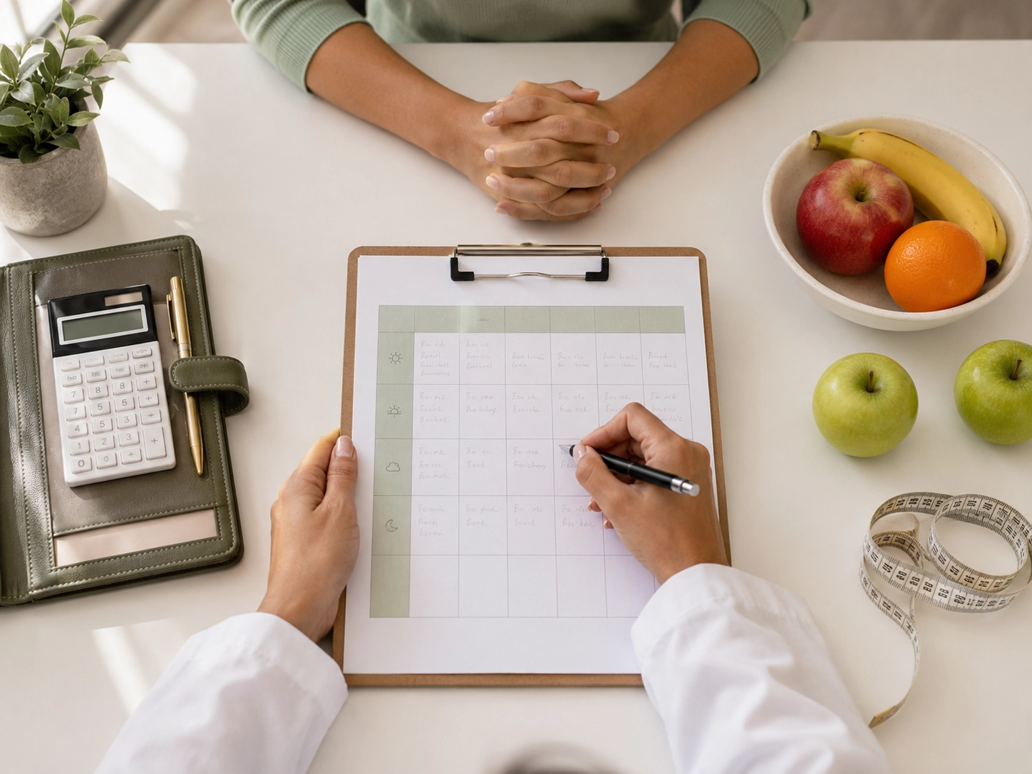 Nutrióloga escribiendo un plan semanal de alimentación
